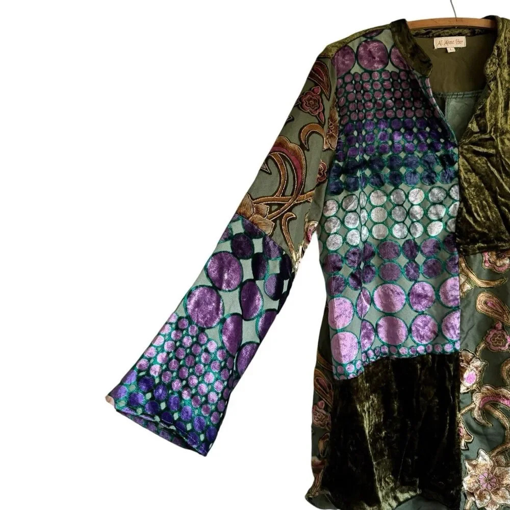 🩵All About Her Burned  Out Velvet  Tunic Patchwork Artsy Velvet Boho Size Large - Picture 2 of 11